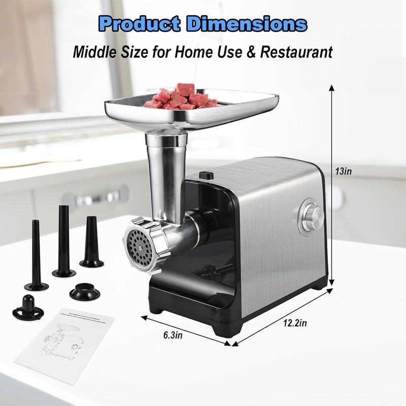Casuenia Electric Meat Grinder, [3200W Max] Meat Grinder Heavy Duty for Home Use, Sausage Stuffer with 2 Blades, 4 Grinding Plates, 3 Sausage Tubes, Kibbe Kit, Stainless Steel (Black) - Image 5
